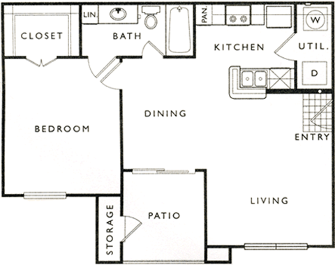 Floor plan for 1 bed, 1 bath, 669 sqft